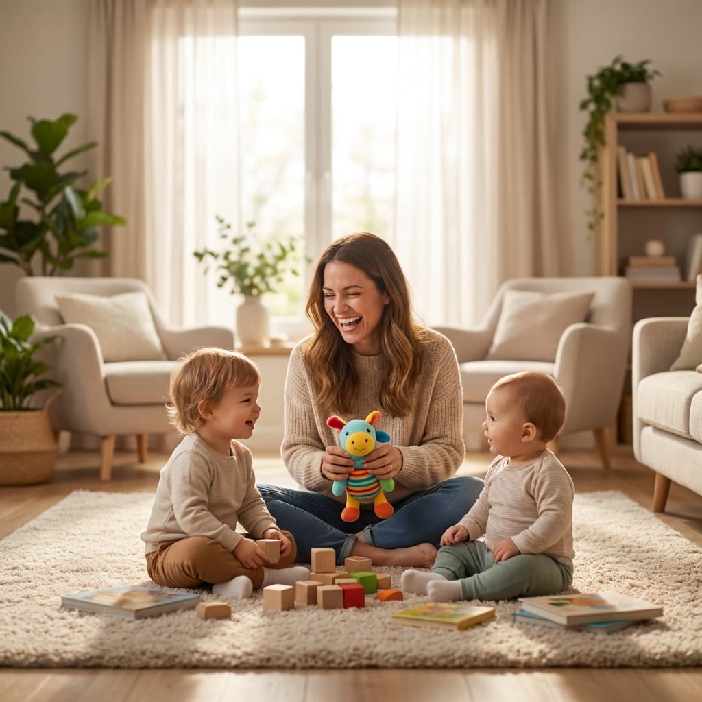 Professional Babysitter with Happy Children